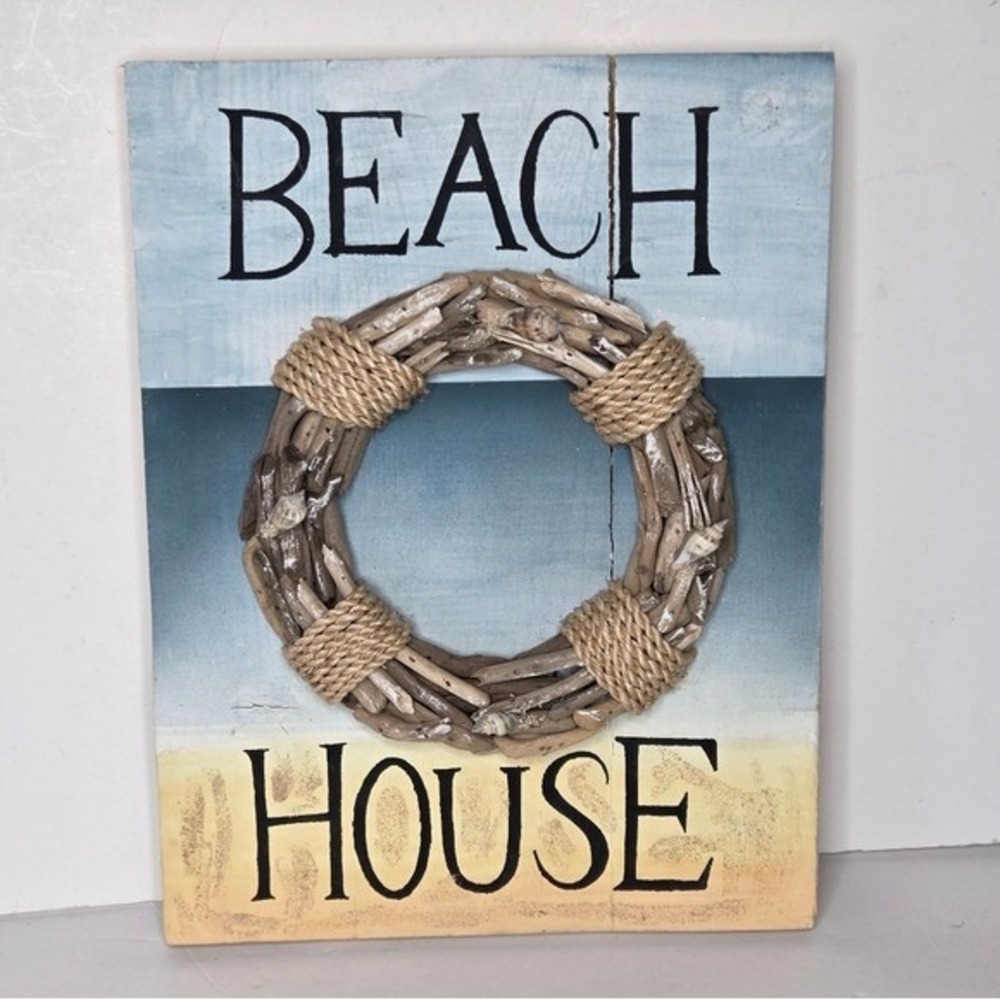 Blue Beach House Driftwood Wreath Beach Comber Wooden Wall Art Decor